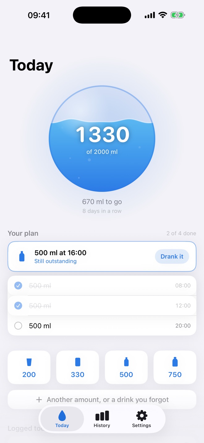 Tayli Water's Today screen: a glass filled to 1330 of 2000 ml.