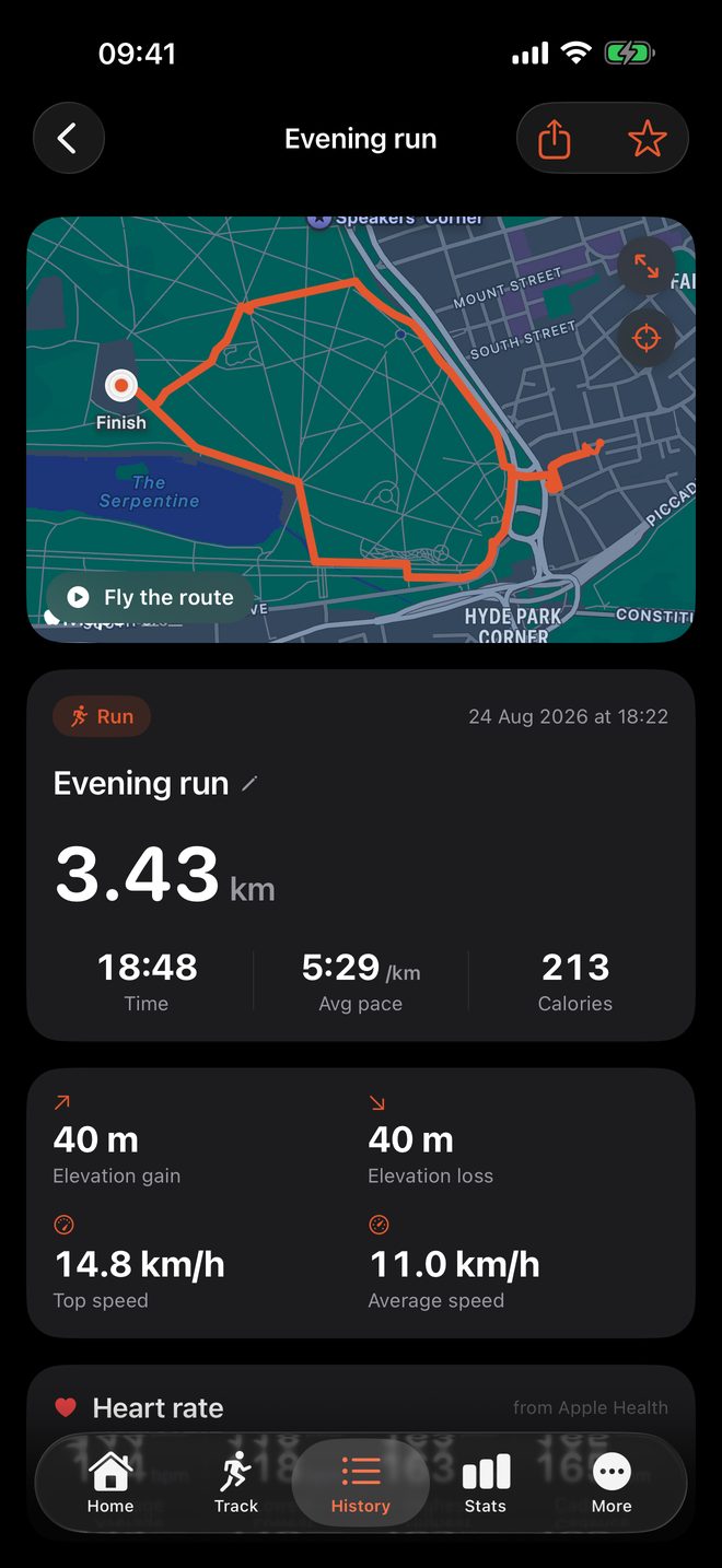 A finished run: the route drawn on a map, with distance, time and pace.